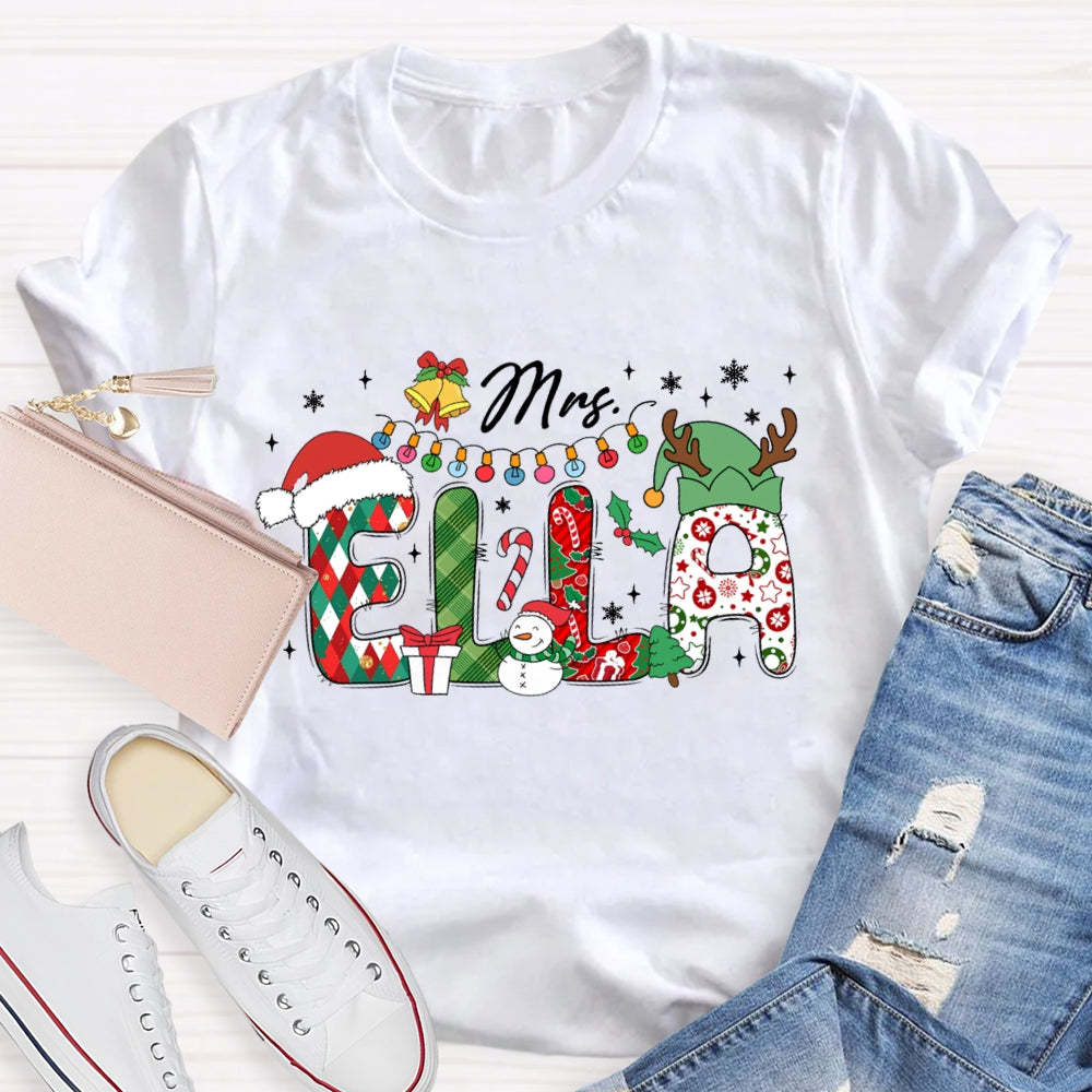 Personalized Name Christmas Hat And Colorful Lights Snowman Design T-Shirt