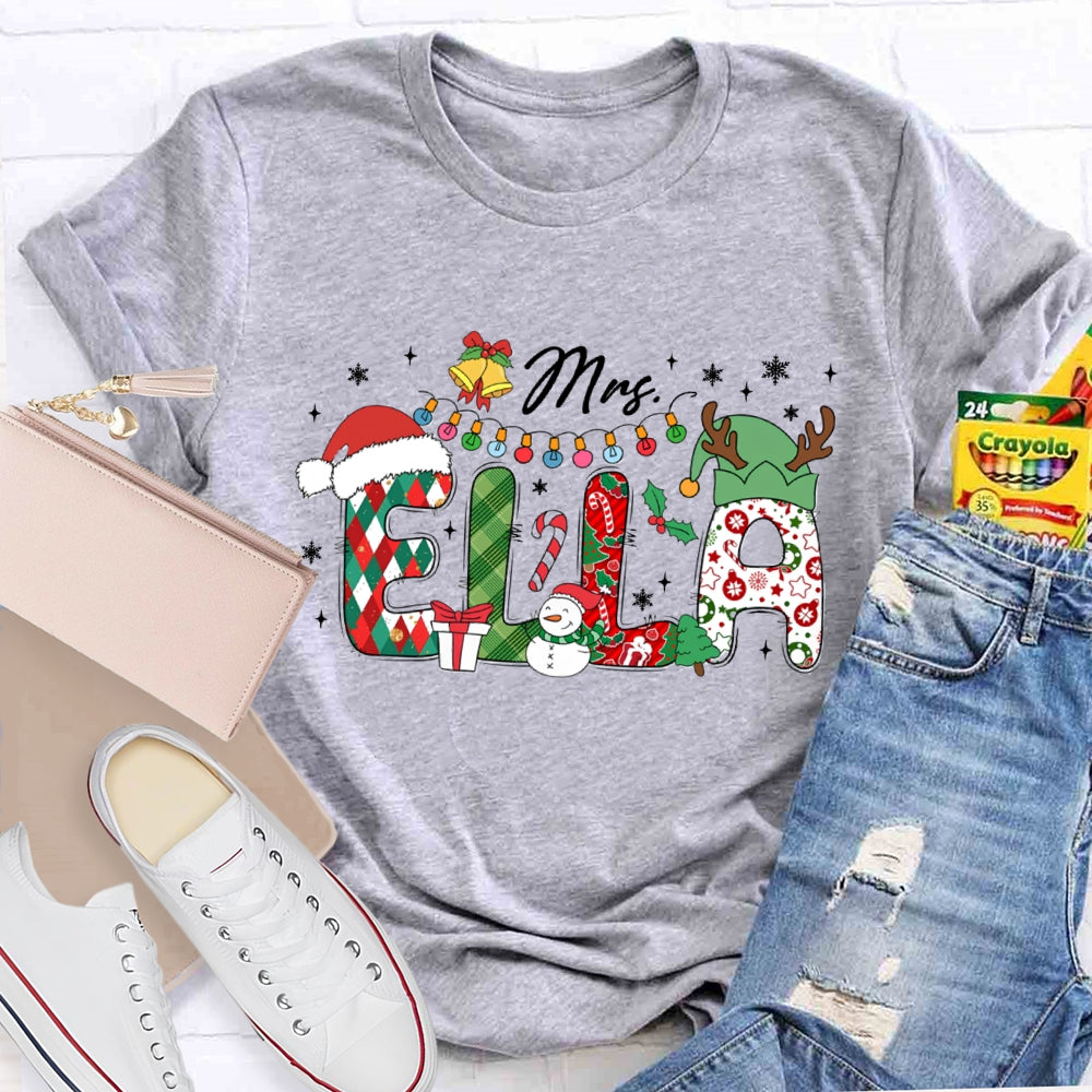Personalized Name Christmas Hat And Colorful Lights Snowman Design T-Shirt