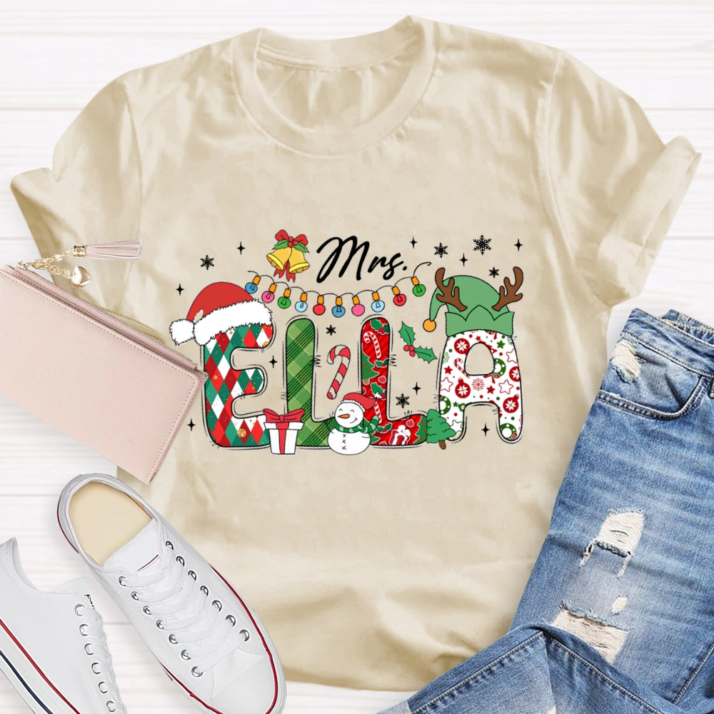 Personalized Name Christmas Hat And Colorful Lights Snowman Design T-Shirt