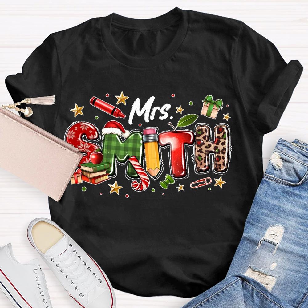 Personalized Name Christmas Teacher Leopard Print Letters T-shirt