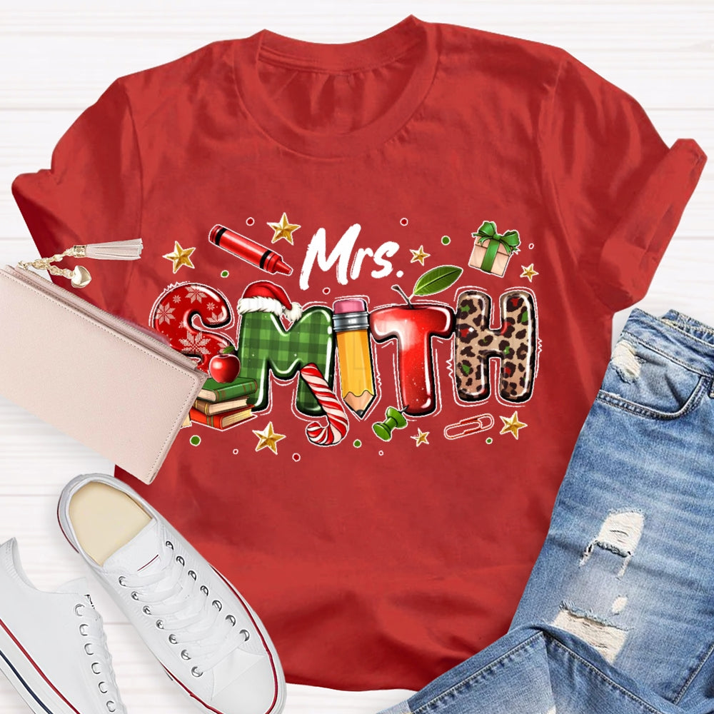 Personalized Name Christmas Teacher Leopard Print Letters T-shirt