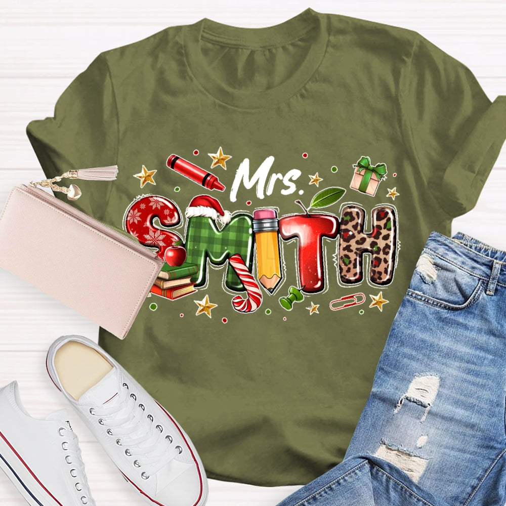 Personalized Name Christmas Teacher Leopard Print Letters T-shirt