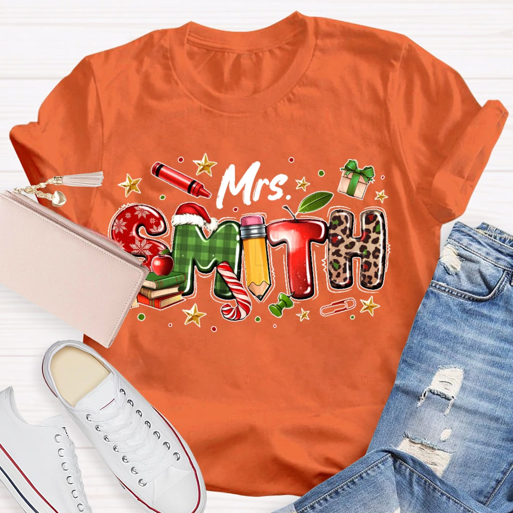Personalized Name Christmas Teacher Leopard Print Letters T-shirt