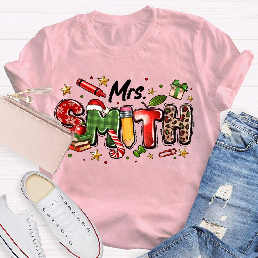 Personalized Name Christmas Teacher Leopard Print Letters T-shirt