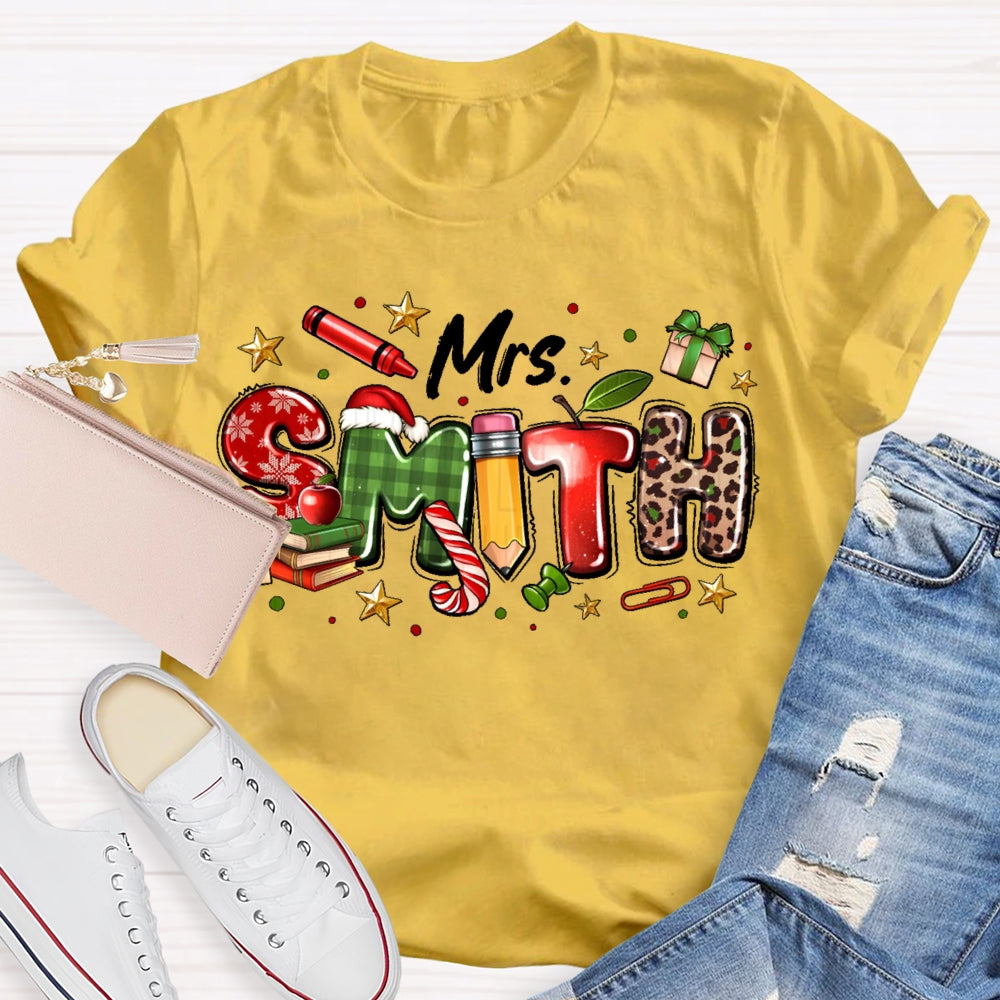 Personalized Name Christmas Teacher Leopard Print Letters T-shirt