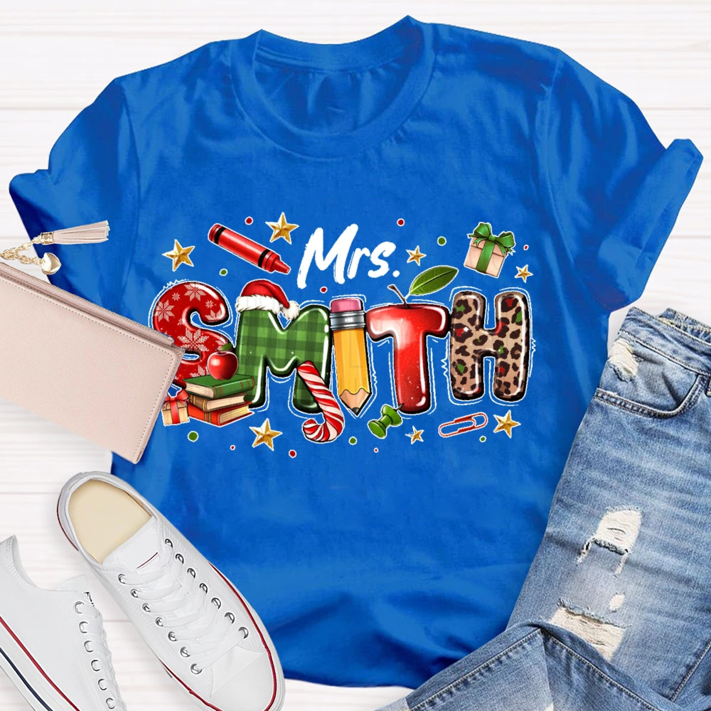 Personalized Name Christmas Teacher Leopard Print Letters T-shirt