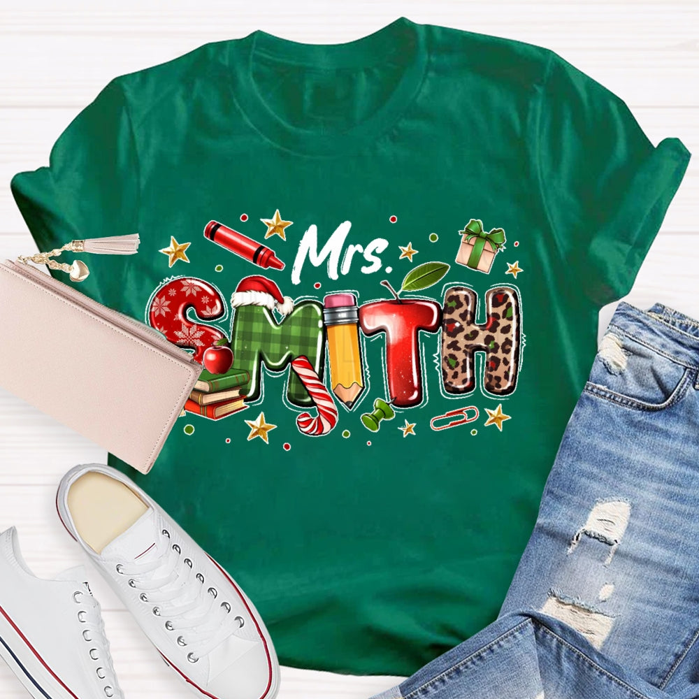 Personalized Name Christmas Teacher Leopard Print Letters T-shirt