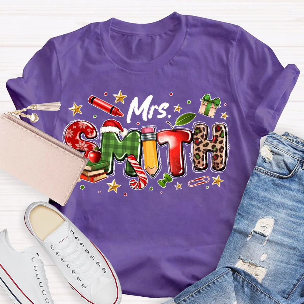Personalized Name Christmas Teacher Leopard Print Letters T-shirt