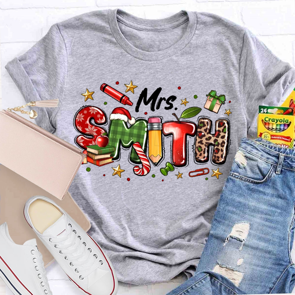 Personalized Name Christmas Teacher Leopard Print Letters T-shirt