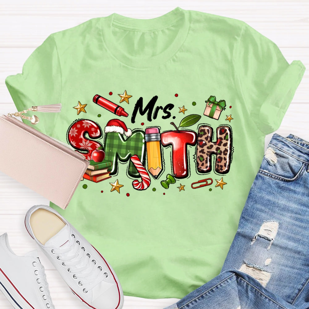 Personalized Name Christmas Teacher Leopard Print Letters T-shirt