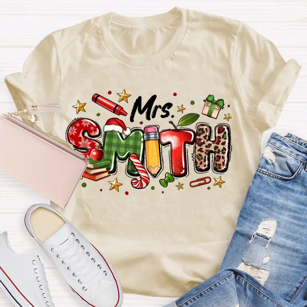 Personalized Name Christmas Teacher Leopard Print Letters T-shirt