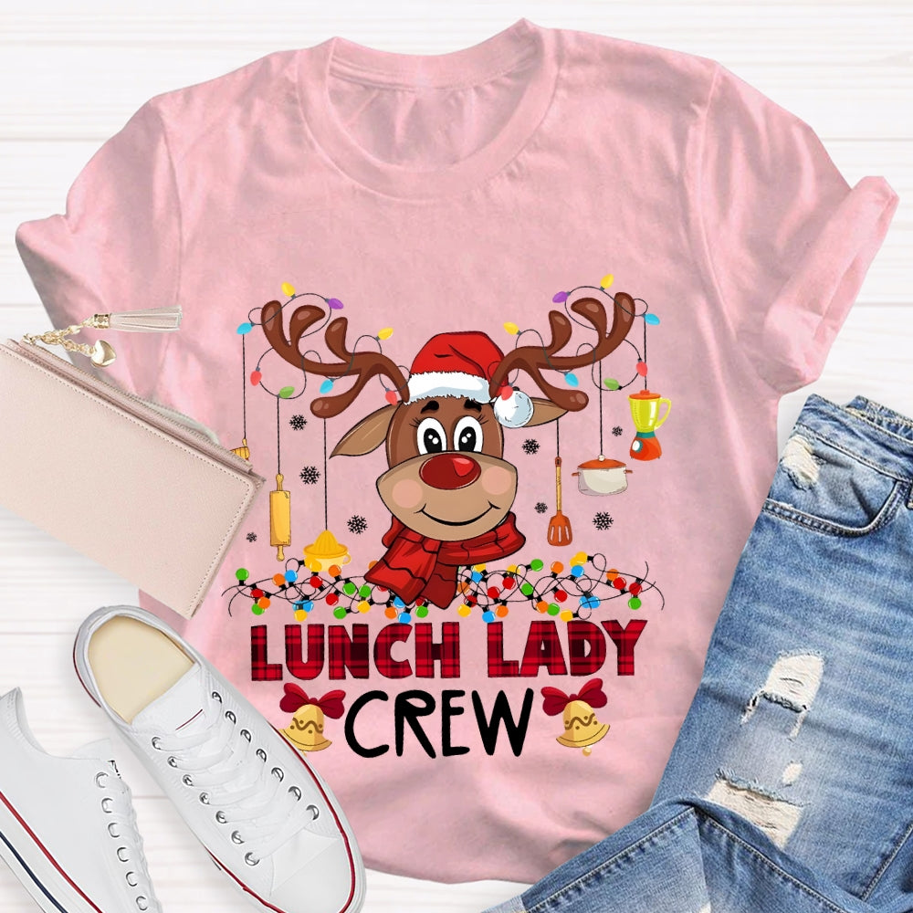 Lunch Lady Crew Christmas Elk And Colorful Lights Christmas T-shirt