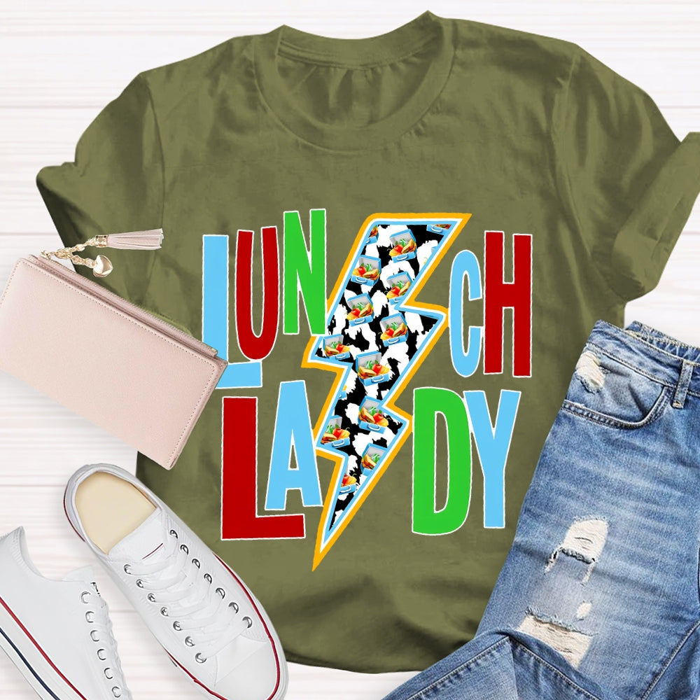 Lunch Lady Colorful Fonts And Lightning Bolt Prints T-shirt