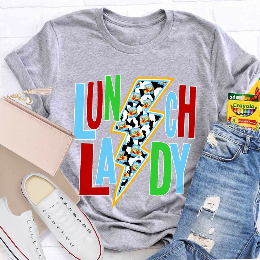Lunch Lady Colorful Fonts And Lightning Bolt Prints T-shirt