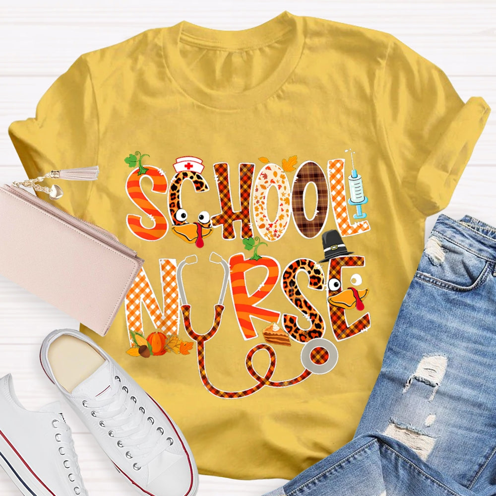 School Nurse Thanksgiving Turkey Font T-shirt