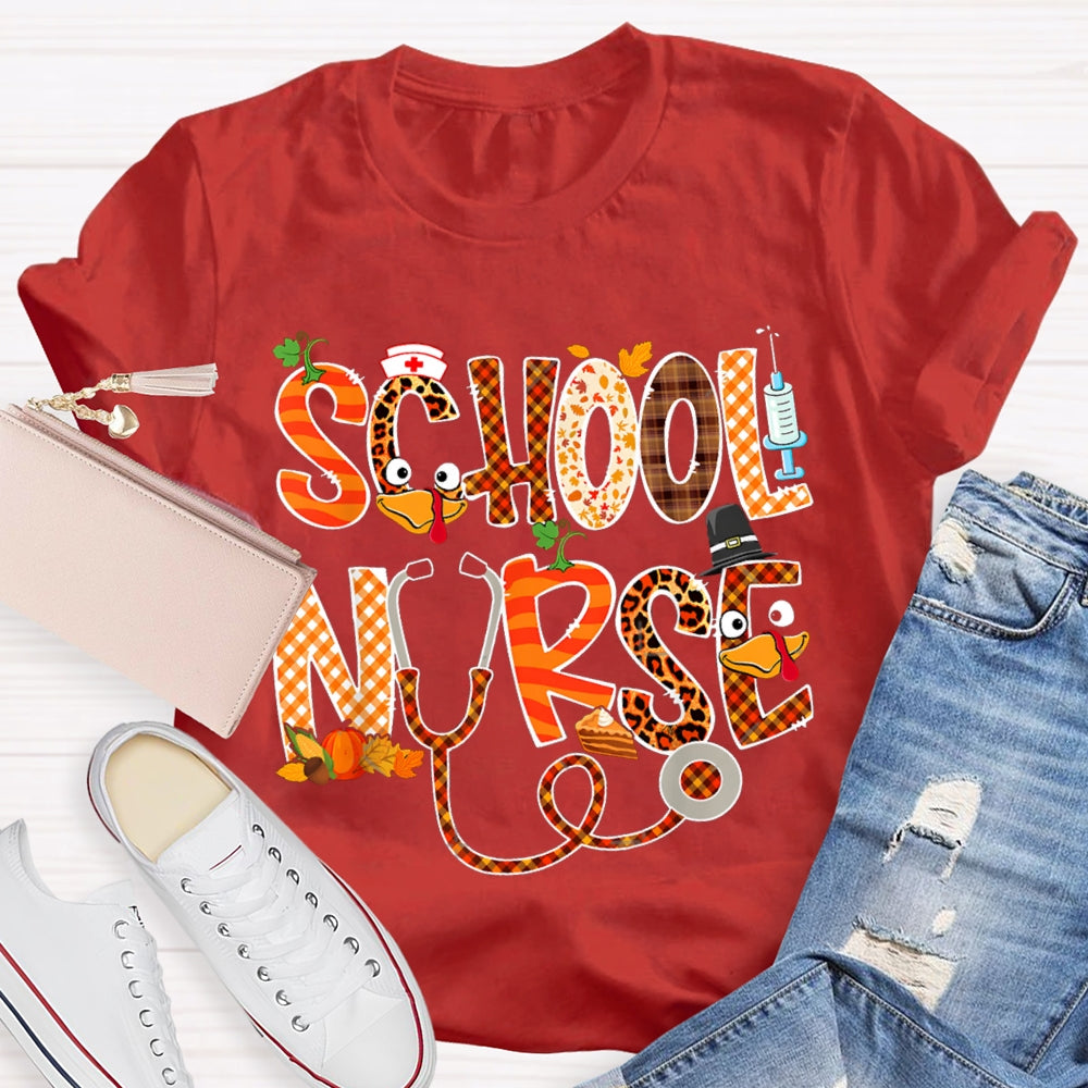 School Nurse Thanksgiving Turkey Font T-shirt