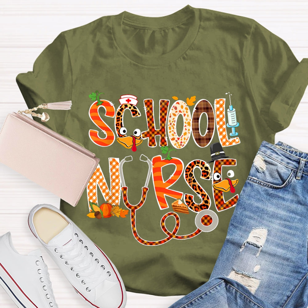 School Nurse Thanksgiving Turkey Font T-shirt