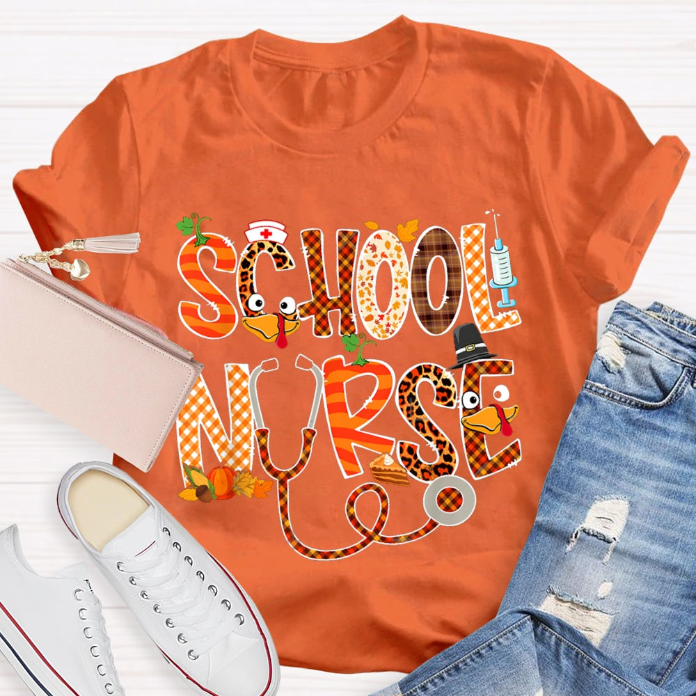 School Nurse Thanksgiving Turkey Font T-shirt