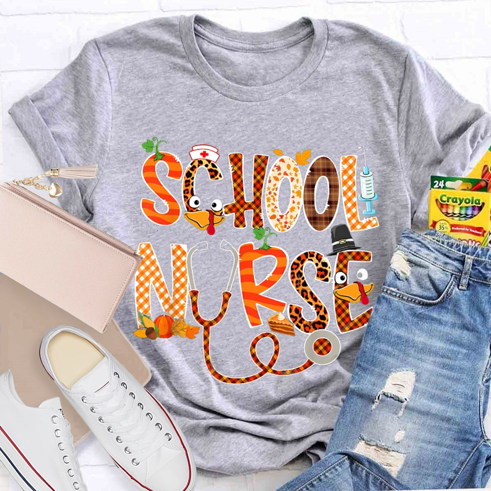 School Nurse Thanksgiving Turkey Font T-shirt