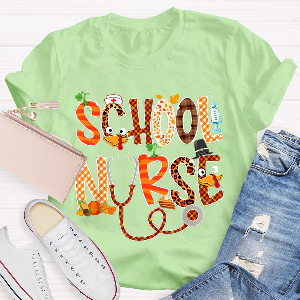 School Nurse Thanksgiving Turkey Font T-shirt