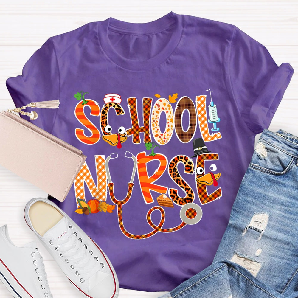 School Nurse Thanksgiving Turkey Font T-shirt