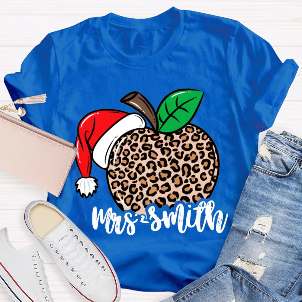 Personalized Name Leopard Apple Santa Hat Christmas T-shirt