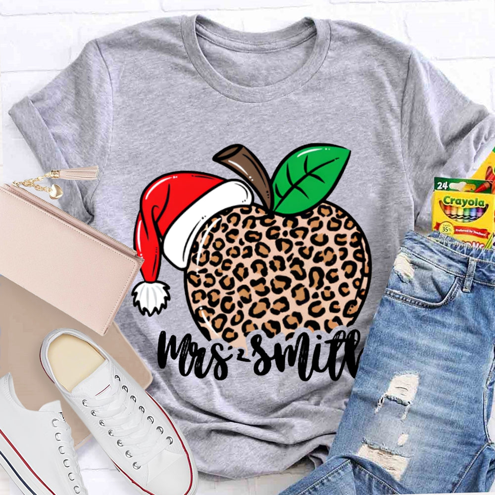 Personalized Name Leopard Apple Santa Hat Christmas T-shirt