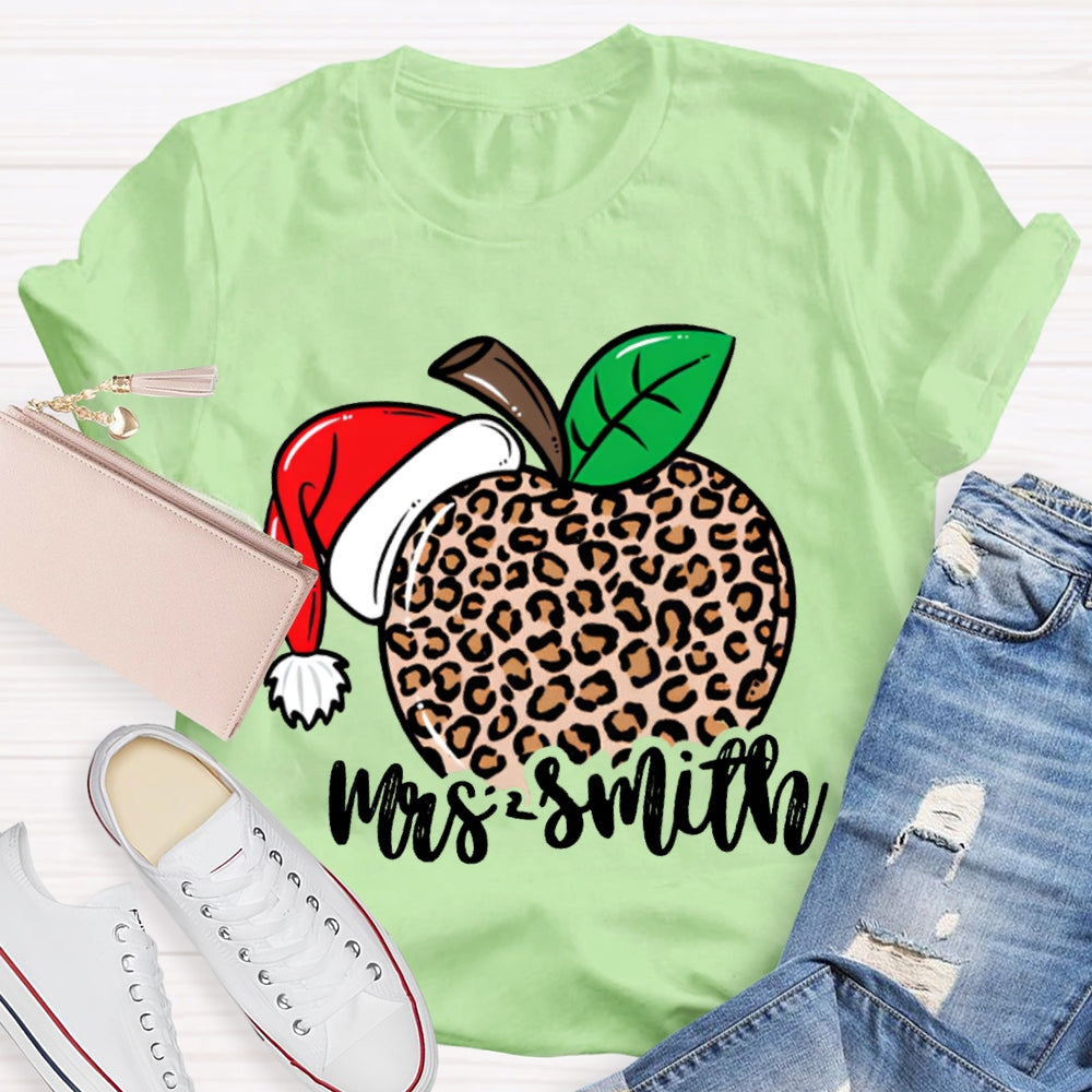 Personalized Name Leopard Apple Santa Hat Christmas T-shirt