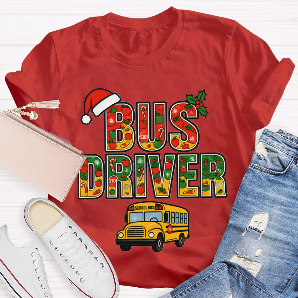 School Bus Driver Santa Hat And Christmas Font T-shirt