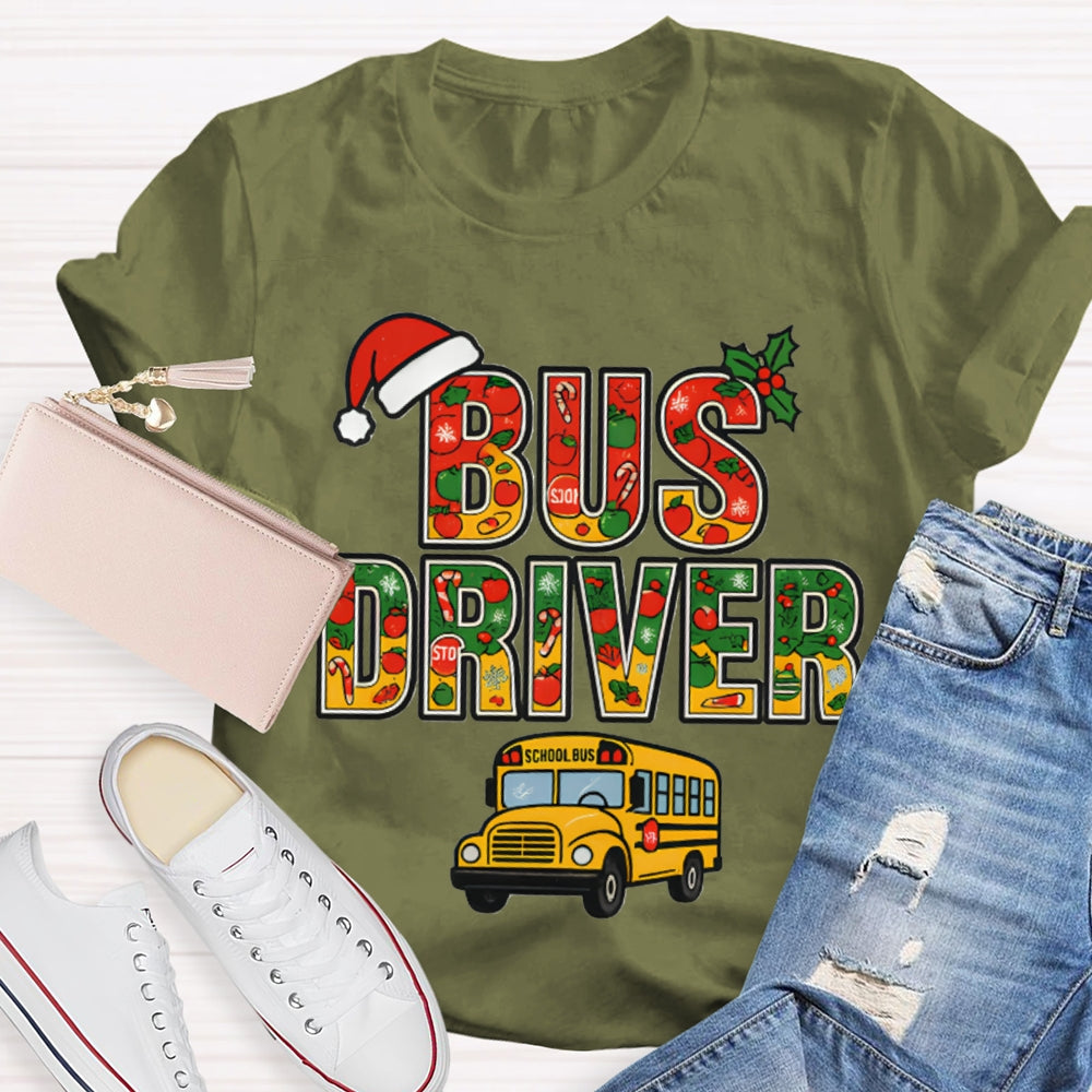 School Bus Driver Santa Hat And Christmas Font T-shirt