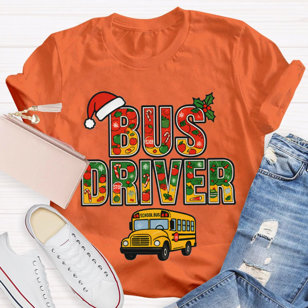 School Bus Driver Santa Hat And Christmas Font T-shirt