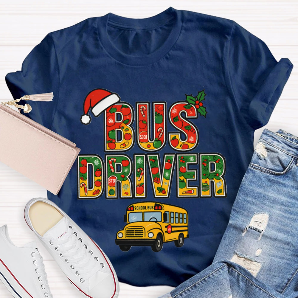 School Bus Driver Santa Hat And Christmas Font T-shirt