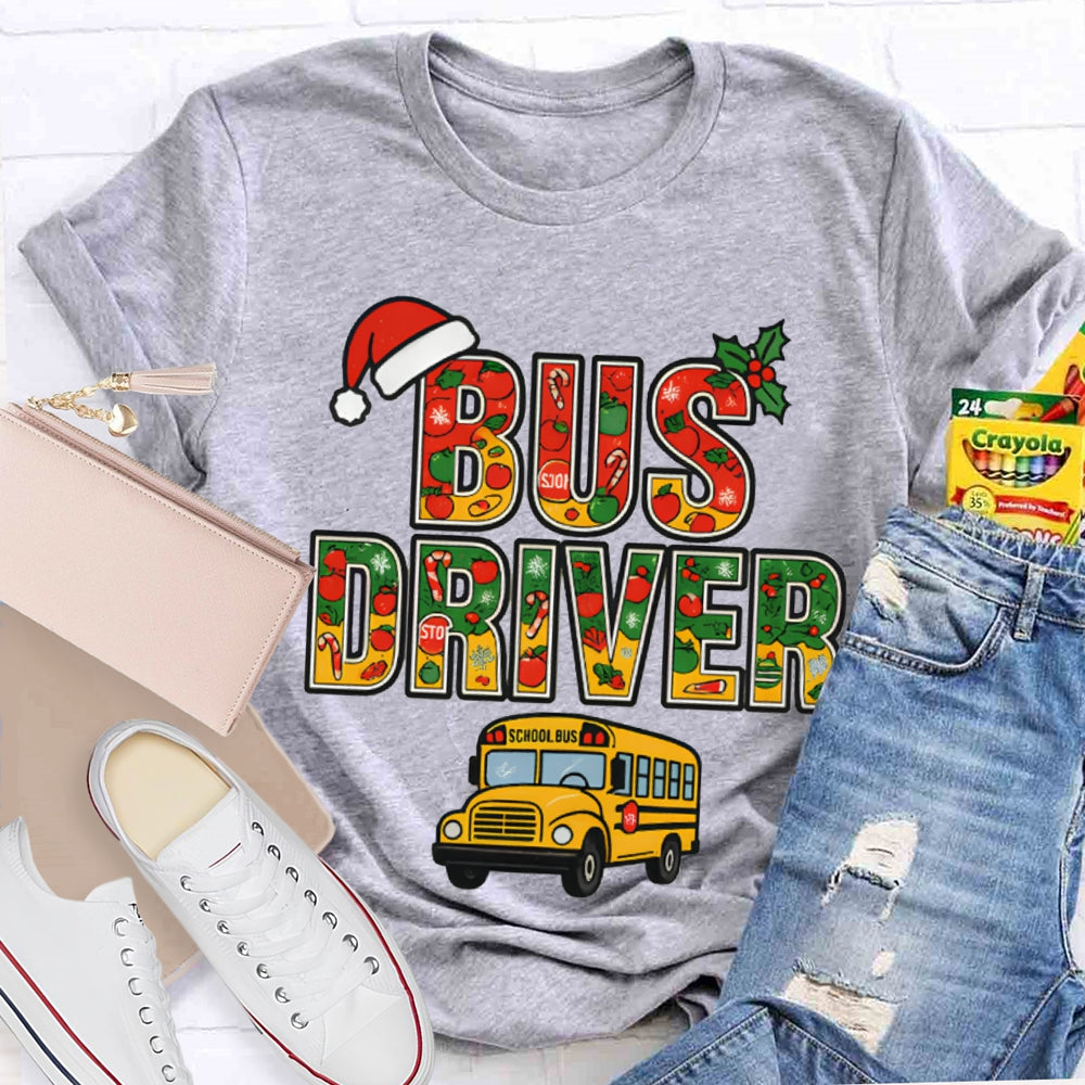 School Bus Driver Santa Hat And Christmas Font T-shirt