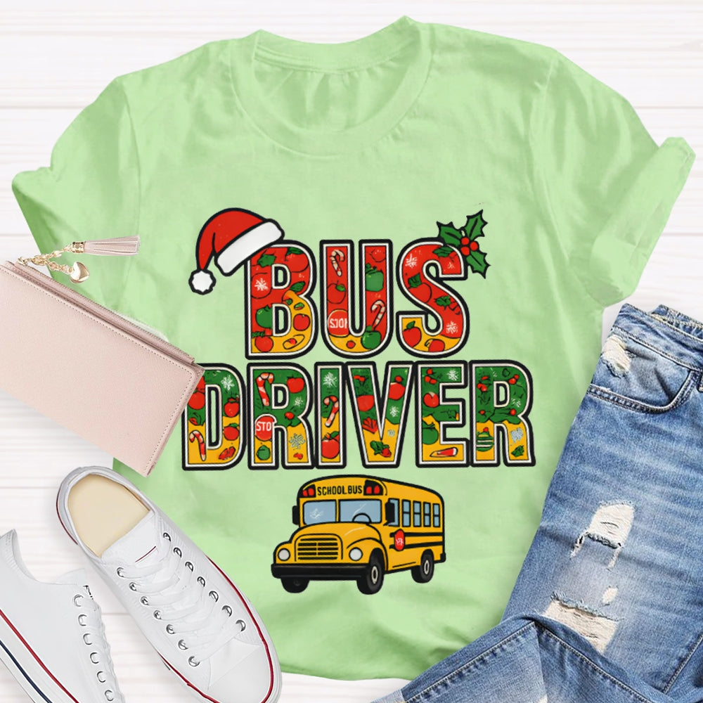 School Bus Driver Santa Hat And Christmas Font T-shirt