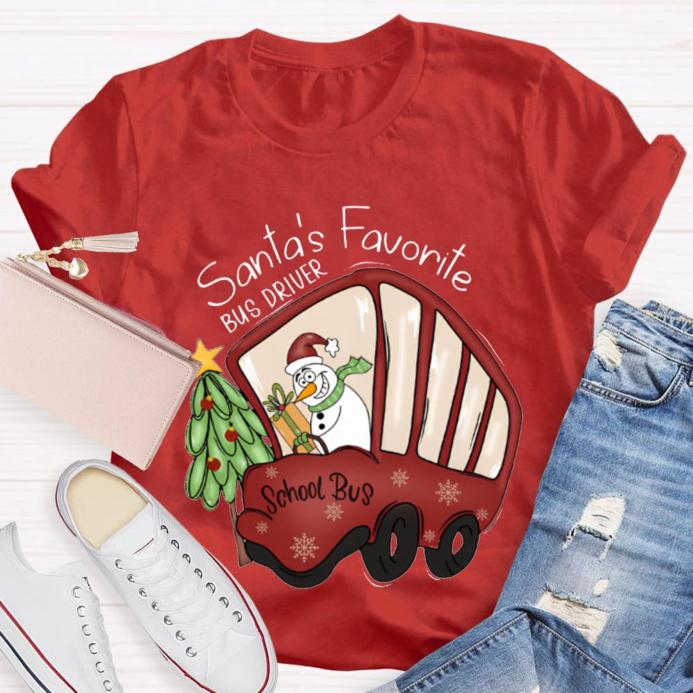 Santa'S Favorite School Bus Christmas Tree And Snowman Christmas T-shirt