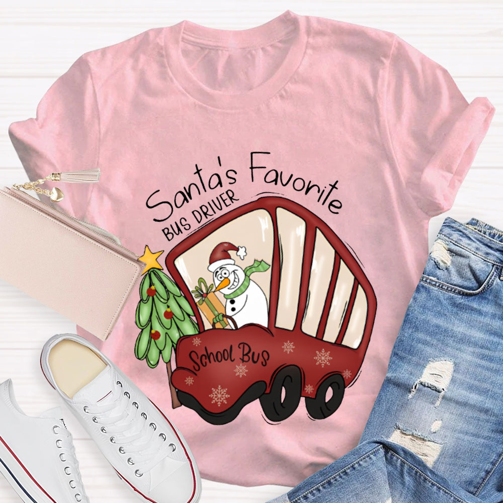 Santa'S Favorite School Bus Christmas Tree And Snowman Christmas T-shirt