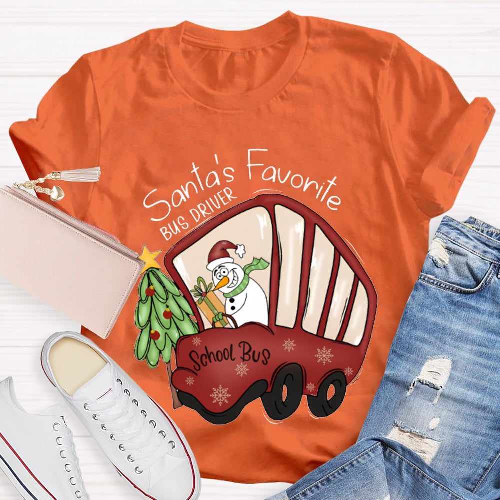 Santa'S Favorite School Bus Christmas Tree And Snowman Christmas T-shirt