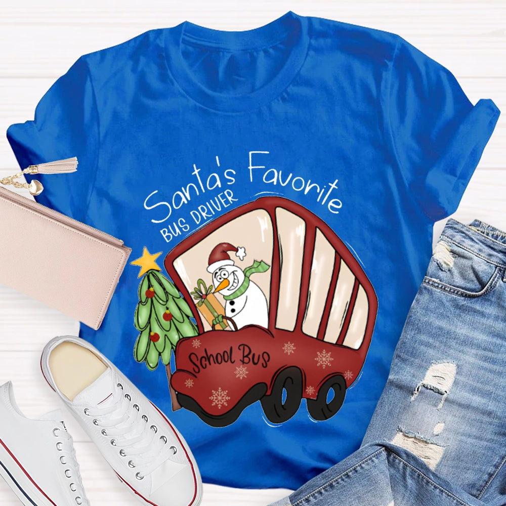 Santa'S Favorite School Bus Christmas Tree And Snowman Christmas T-shirt