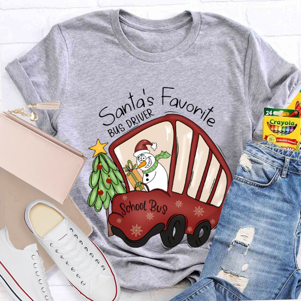 Santa'S Favorite School Bus Christmas Tree And Snowman Christmas T-shirt
