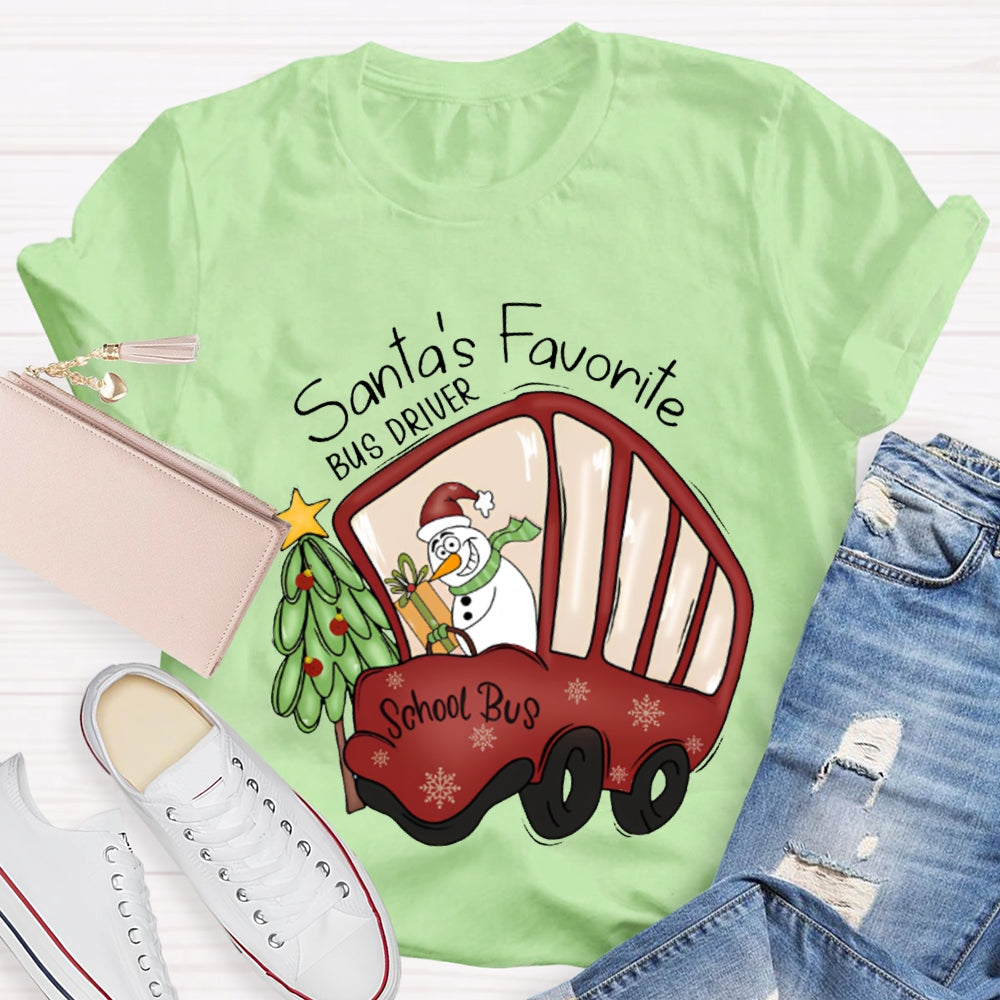 Santa'S Favorite School Bus Christmas Tree And Snowman Christmas T-shirt