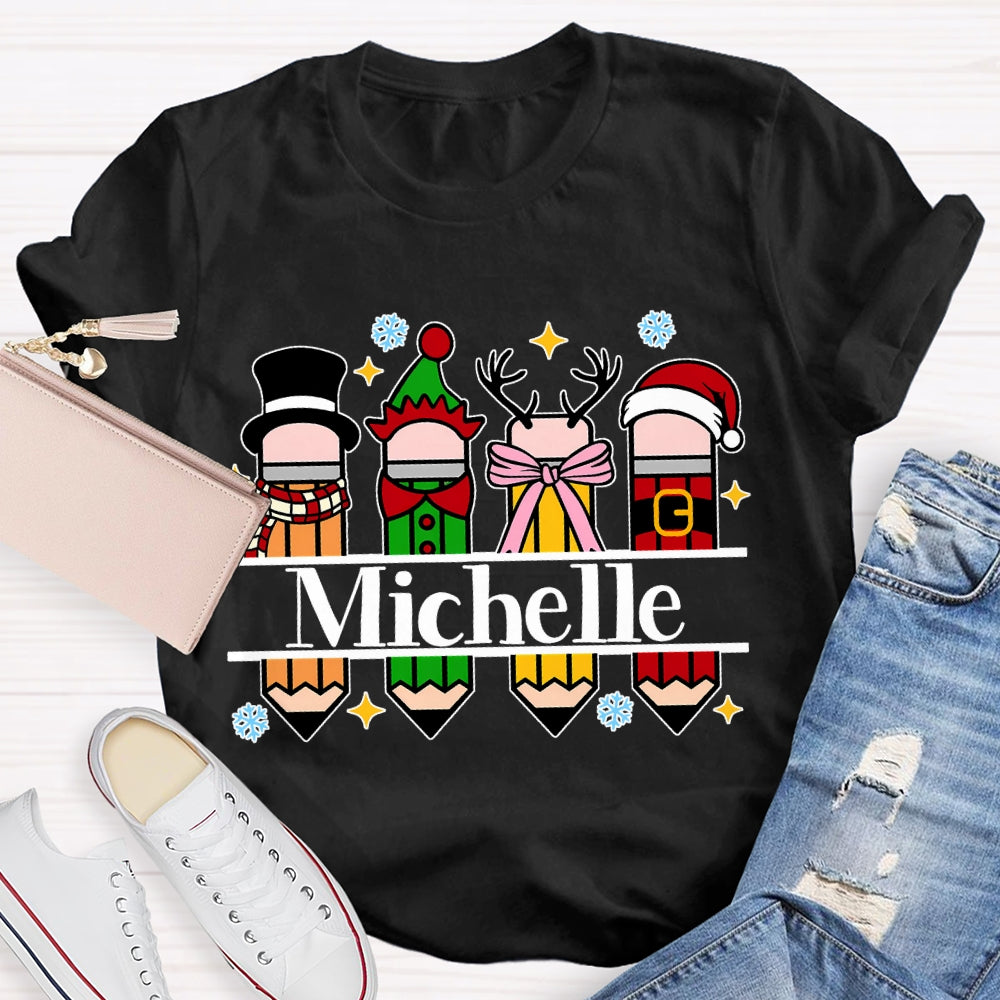 Personalized Name Colorful Crayons And Snowflakes Christmas T-shirt