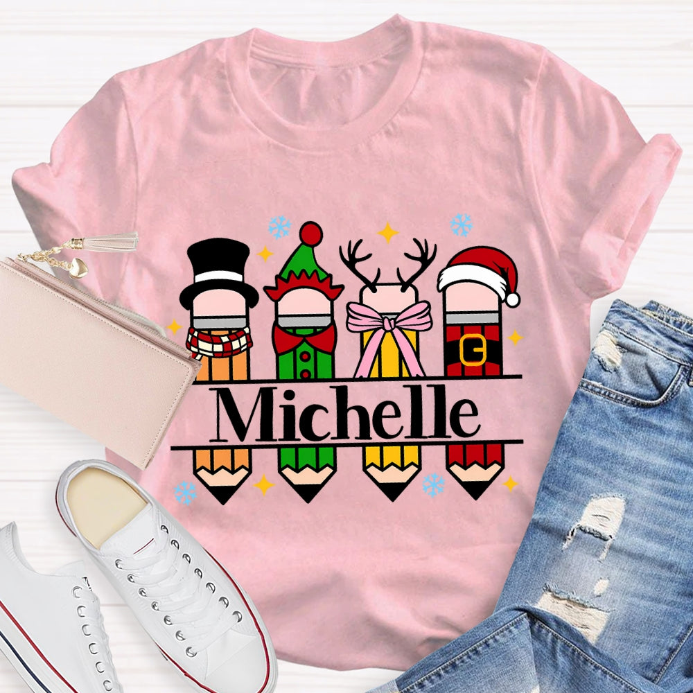 Personalized Name Colorful Crayons And Snowflakes Christmas T-shirt