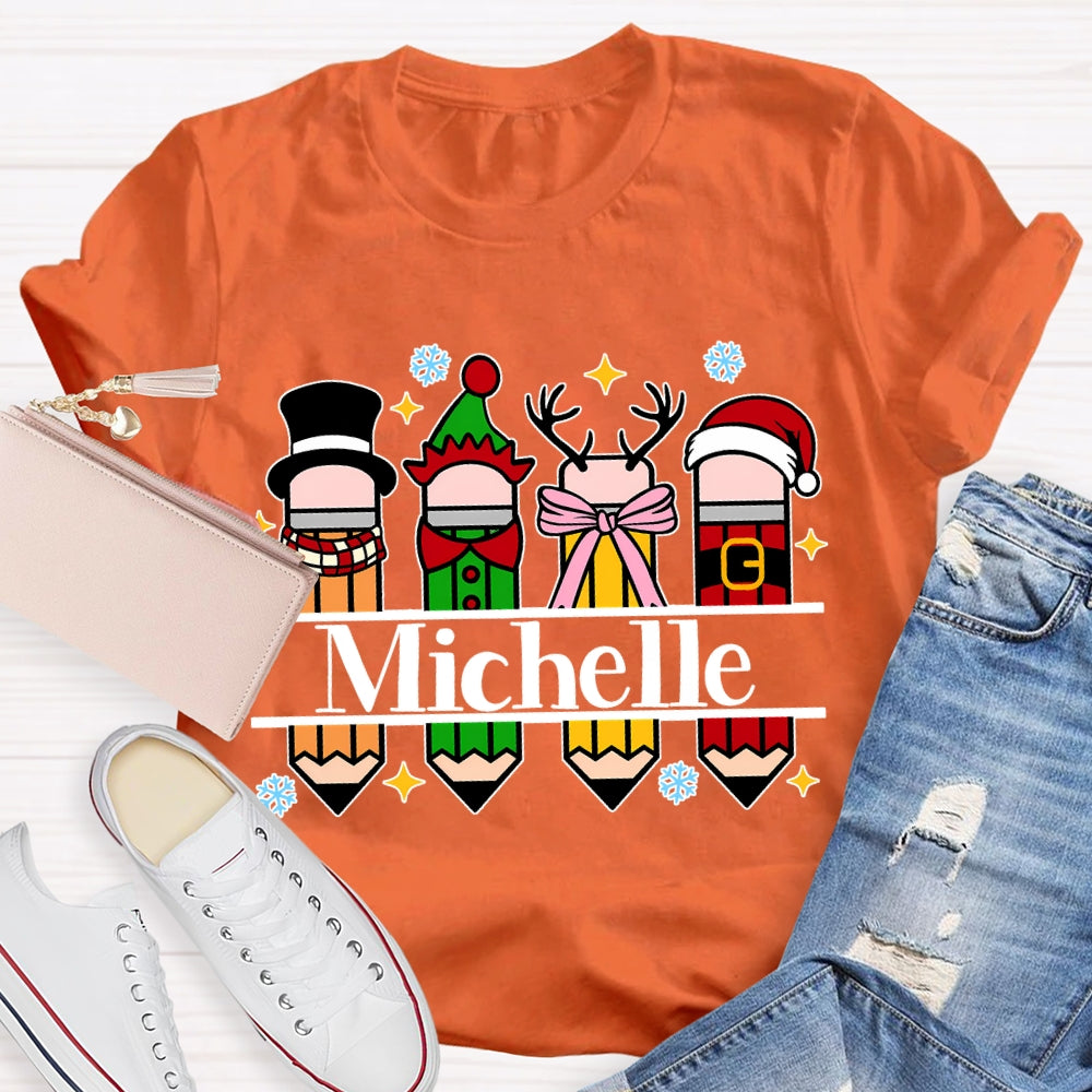 Personalized Name Colorful Crayons And Snowflakes Christmas T-shirt