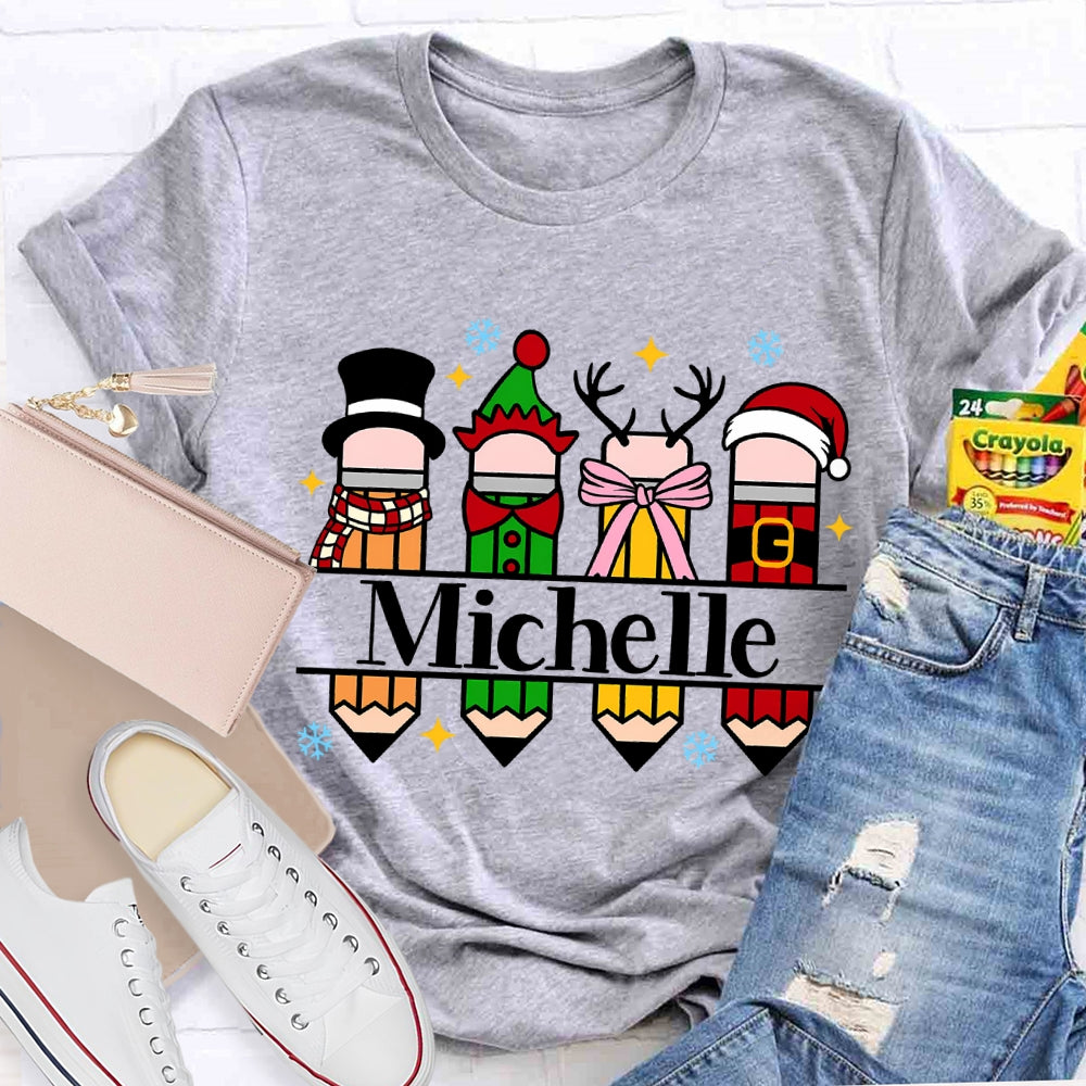 Personalized Name Colorful Crayons And Snowflakes Christmas T-shirt