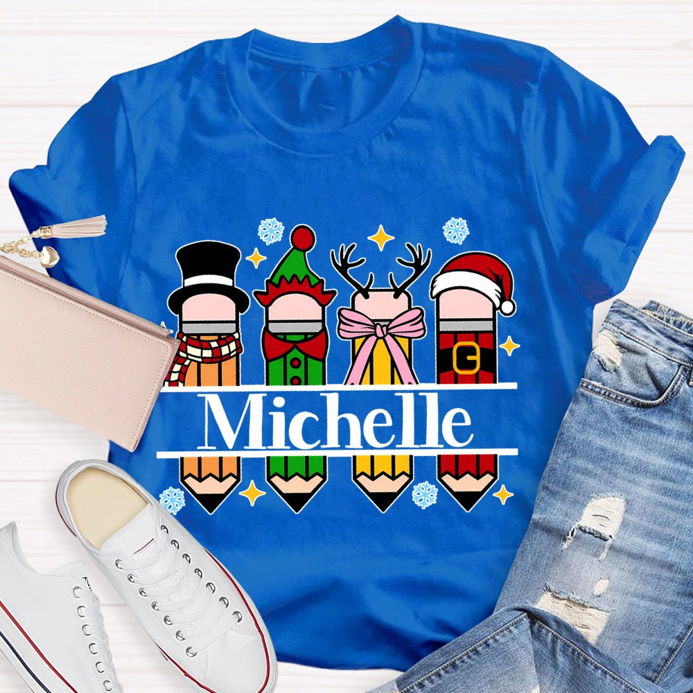 Personalized Name Colorful Crayons And Snowflakes Christmas T-shirt