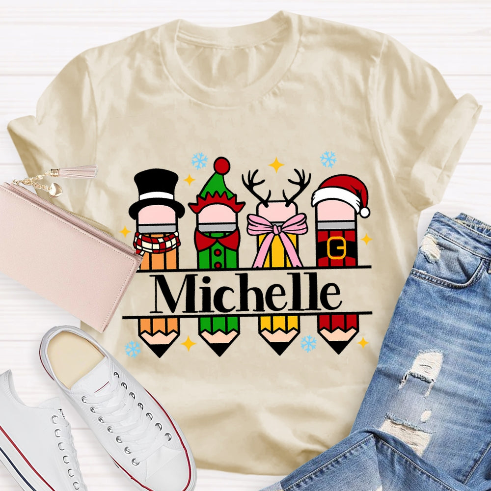 Personalized Name Colorful Crayons And Snowflakes Christmas T-shirt