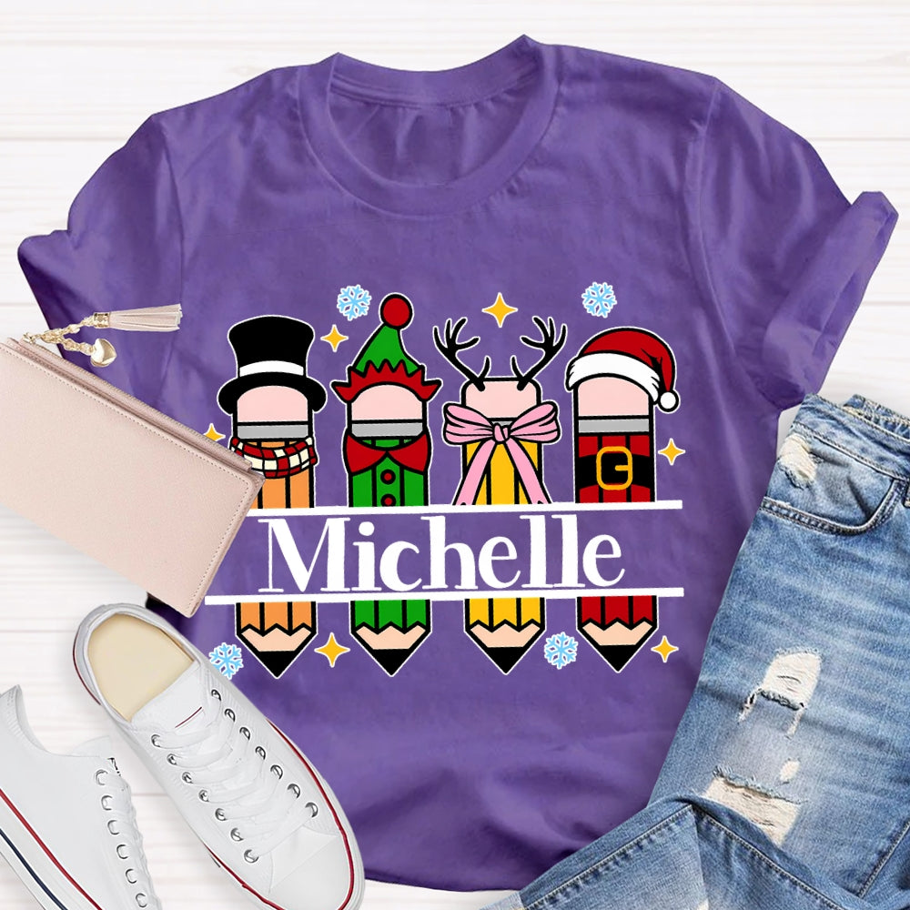 Personalized Name Colorful Crayons And Snowflakes Christmas T-shirt