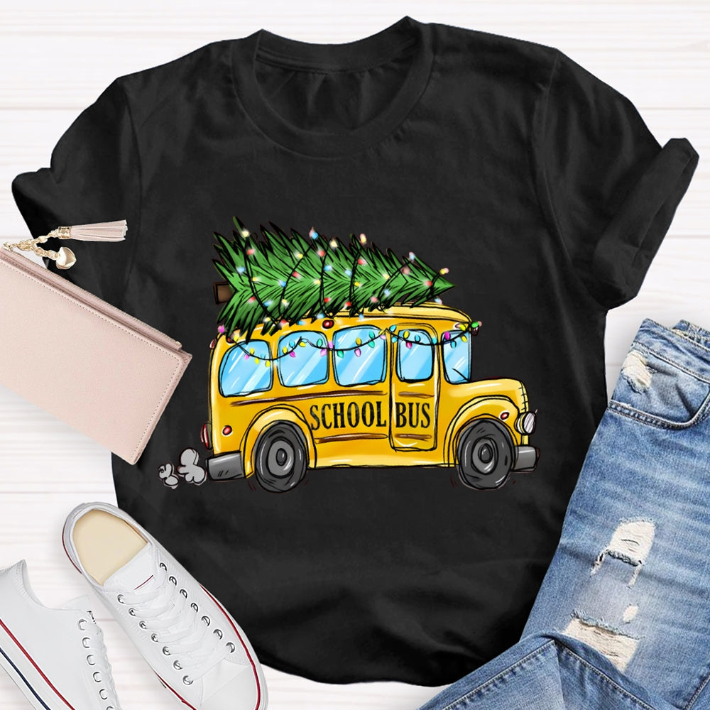 School Bus And Pulling A Christmas Tree Christmas T-shirt