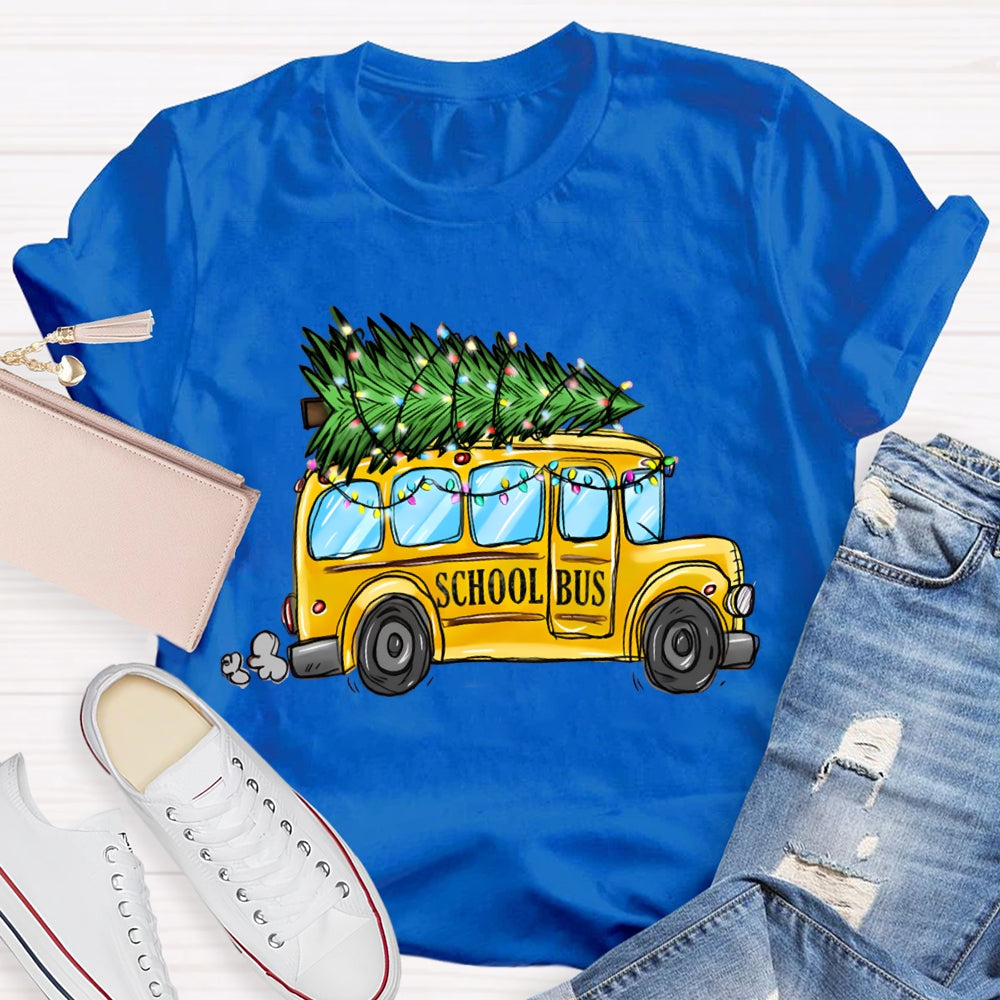 School Bus And Pulling A Christmas Tree Christmas T-shirt