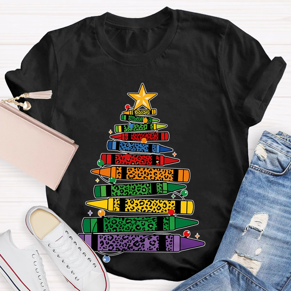 Colored Pencils Leopard Print Christmas Tree T-shirt
